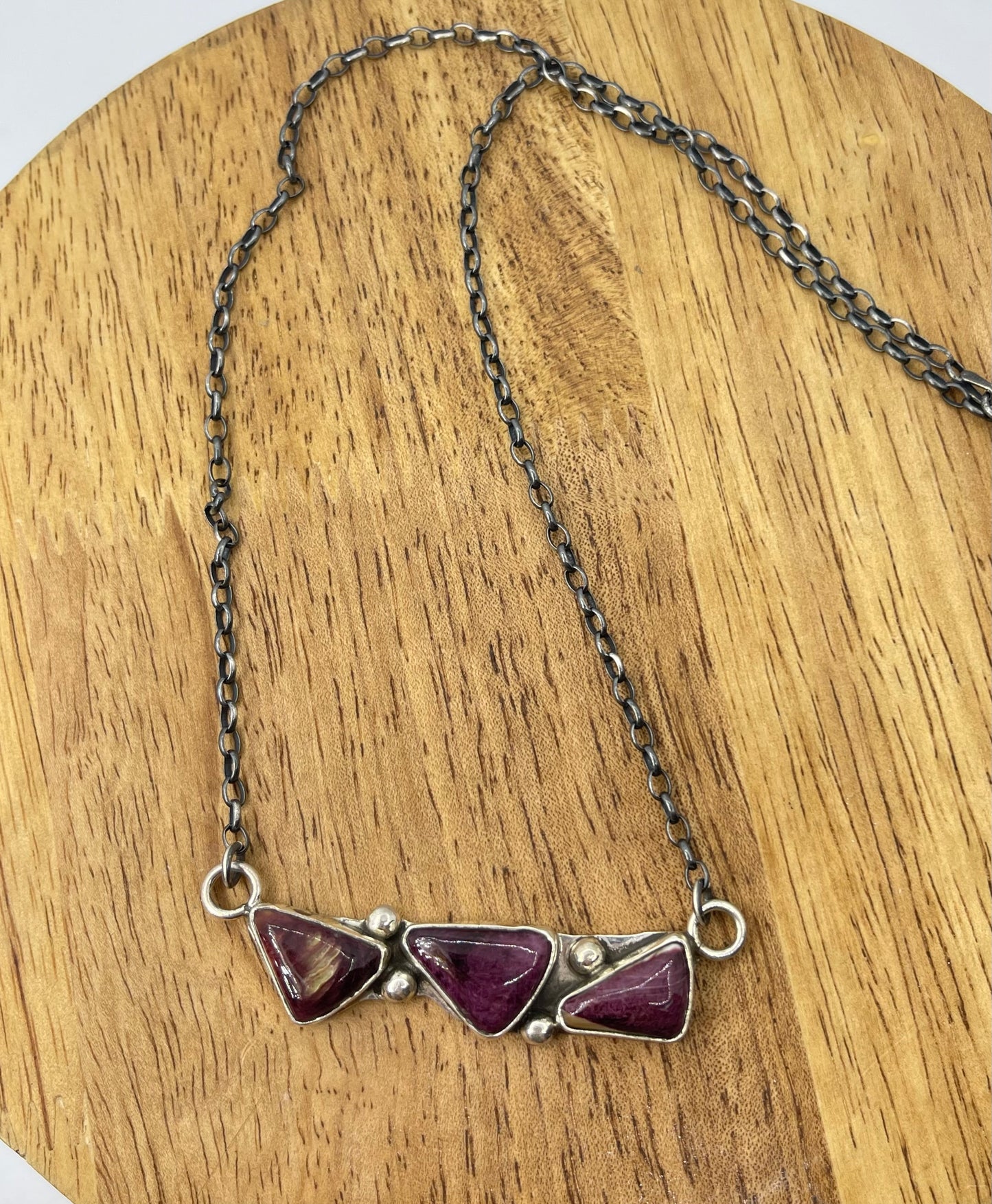 18" 3 Stone Purple Spiny Oyster Shell Necklace by Jude Candeleria, Zuni