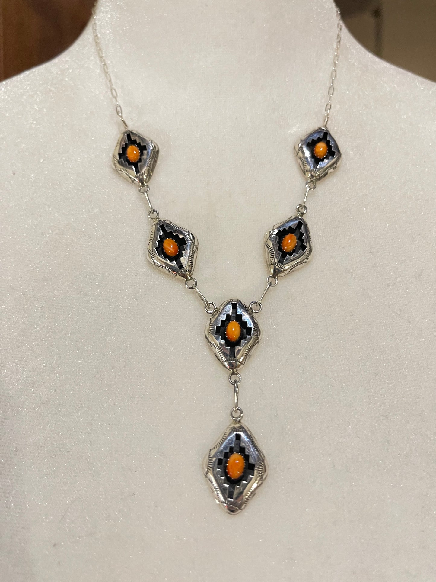 18" Orange Spiny Oyster Shell Shadowbox Lariat Necklace and Post Earrings Set by Felix Perry, Navajo