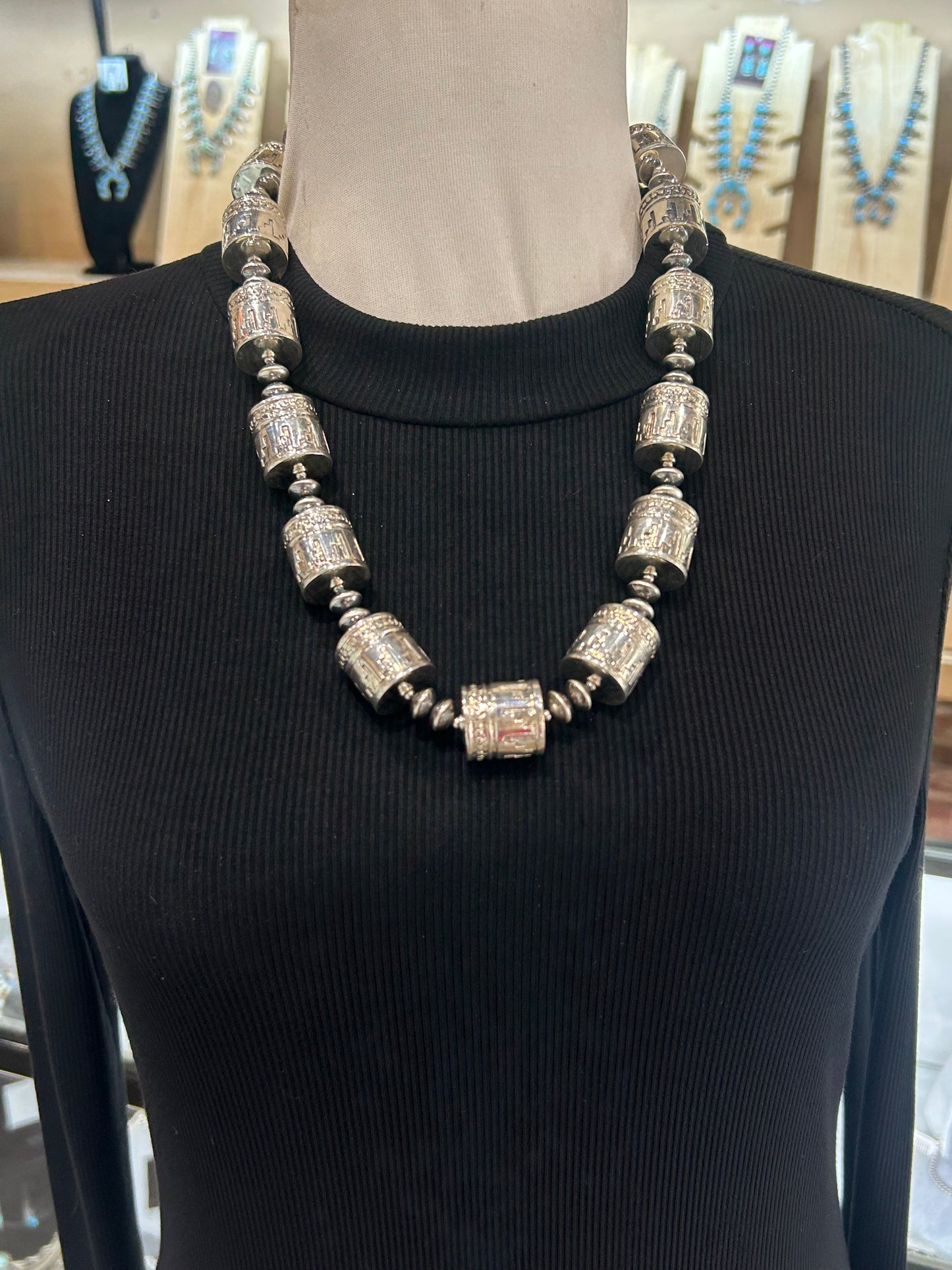 24" Machine Stamped Barrel Beads with Navajo Style Pearls Necklace