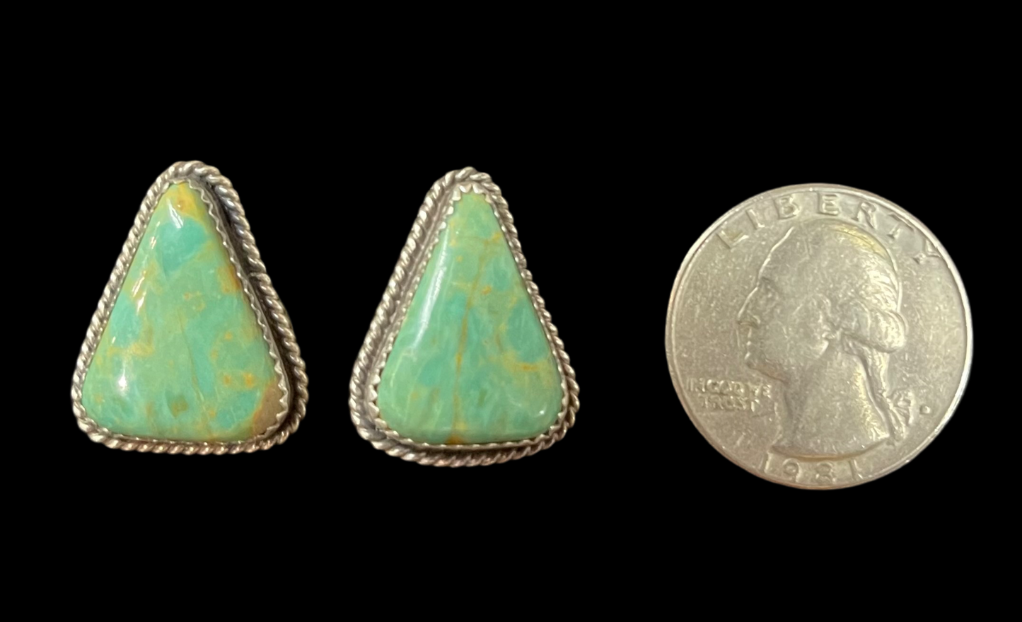 Triangle Kingman Turquoise Post Earrings by Virginia Becenti, Navajo