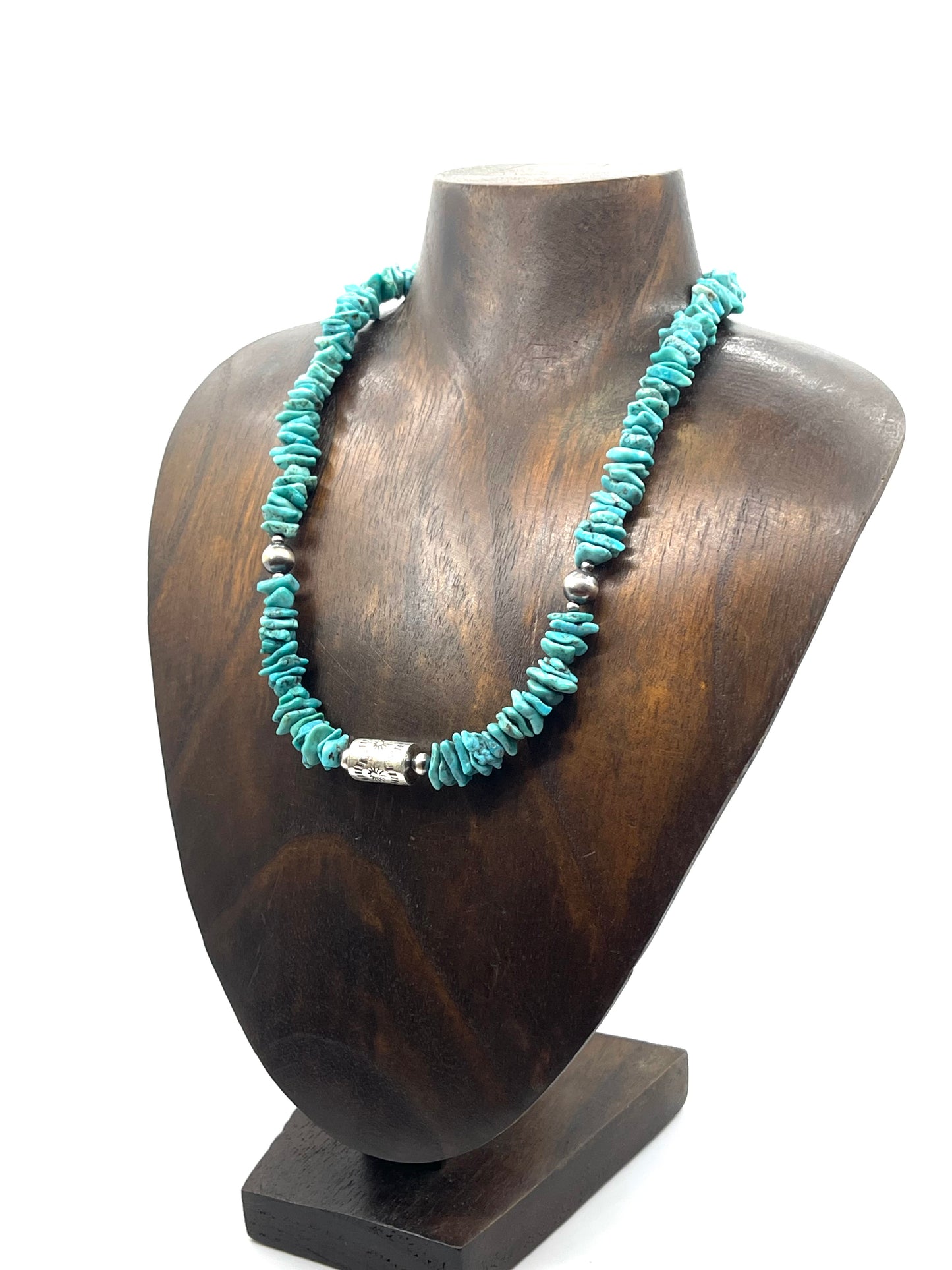 16" Kingman Turquoise Chunky Slabs & Silver Stamped Barrel Bead Necklace