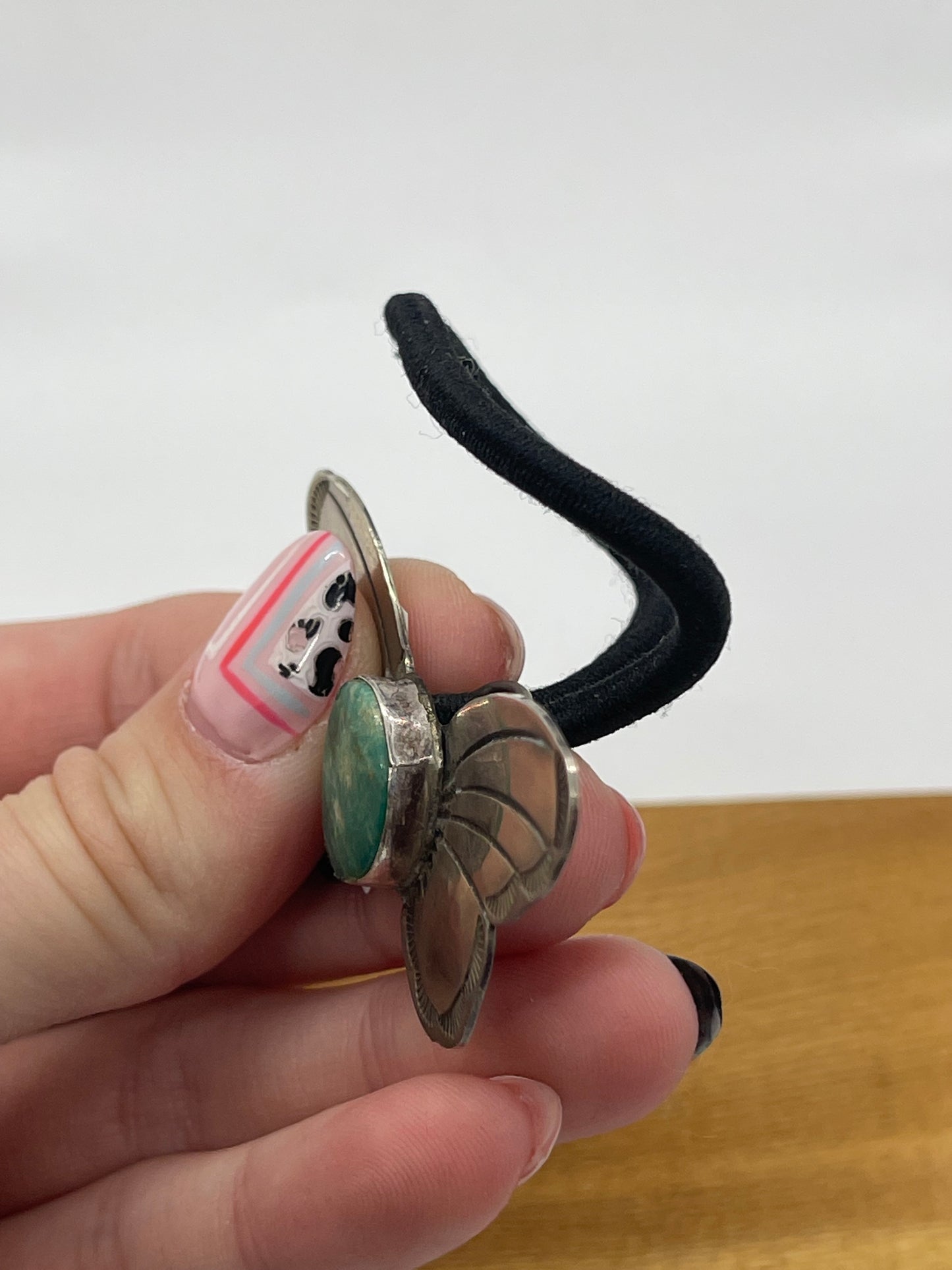 Silver Butterfly Ponytail Holder with Turquoise by Rick Enriquez, Navajo
