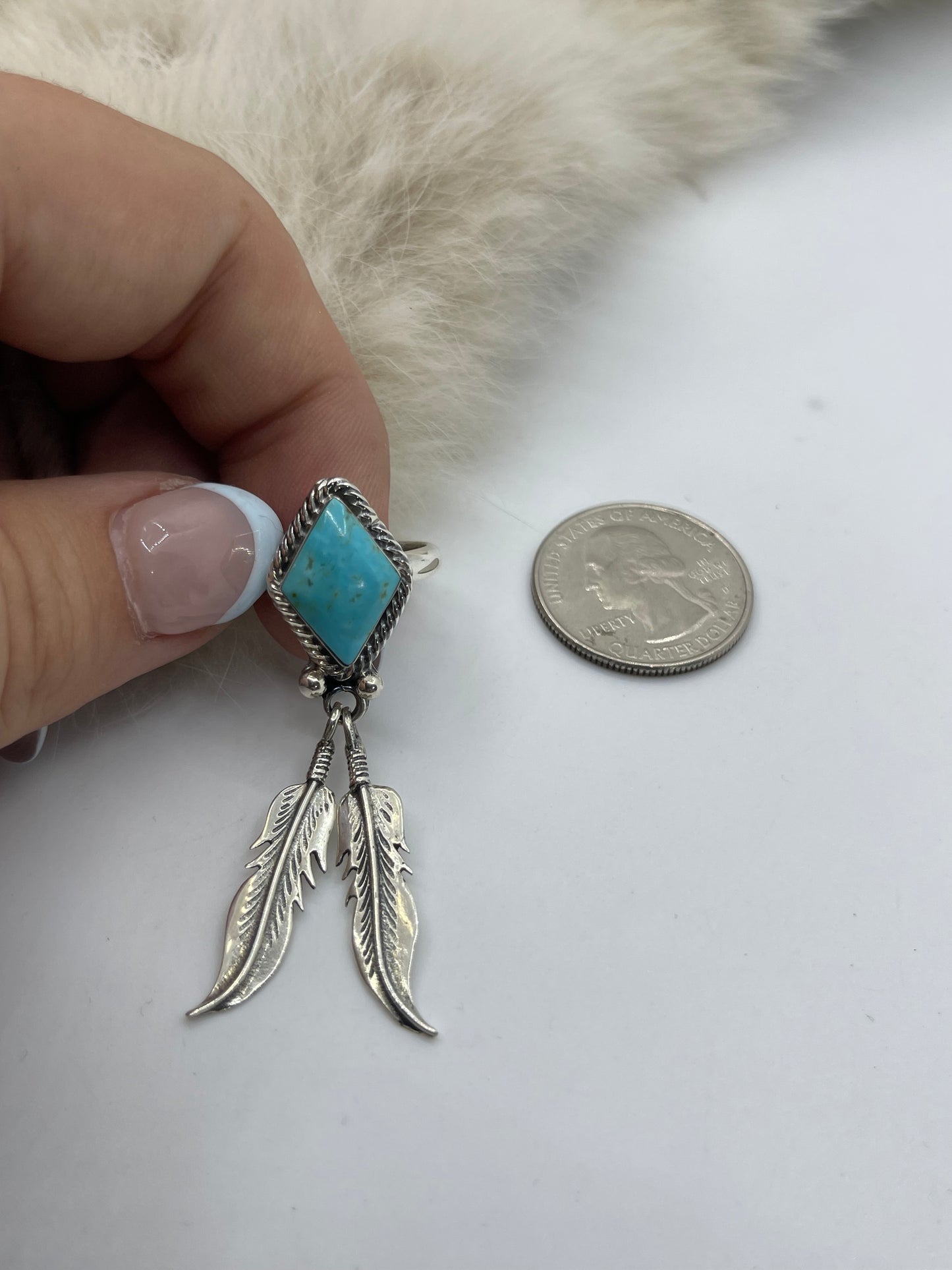 7.0 Turquoise Ring with Feathers by Jerome Lee, Navajo