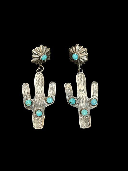 Post Dangle Cactus Earrings with Turquoise Stones