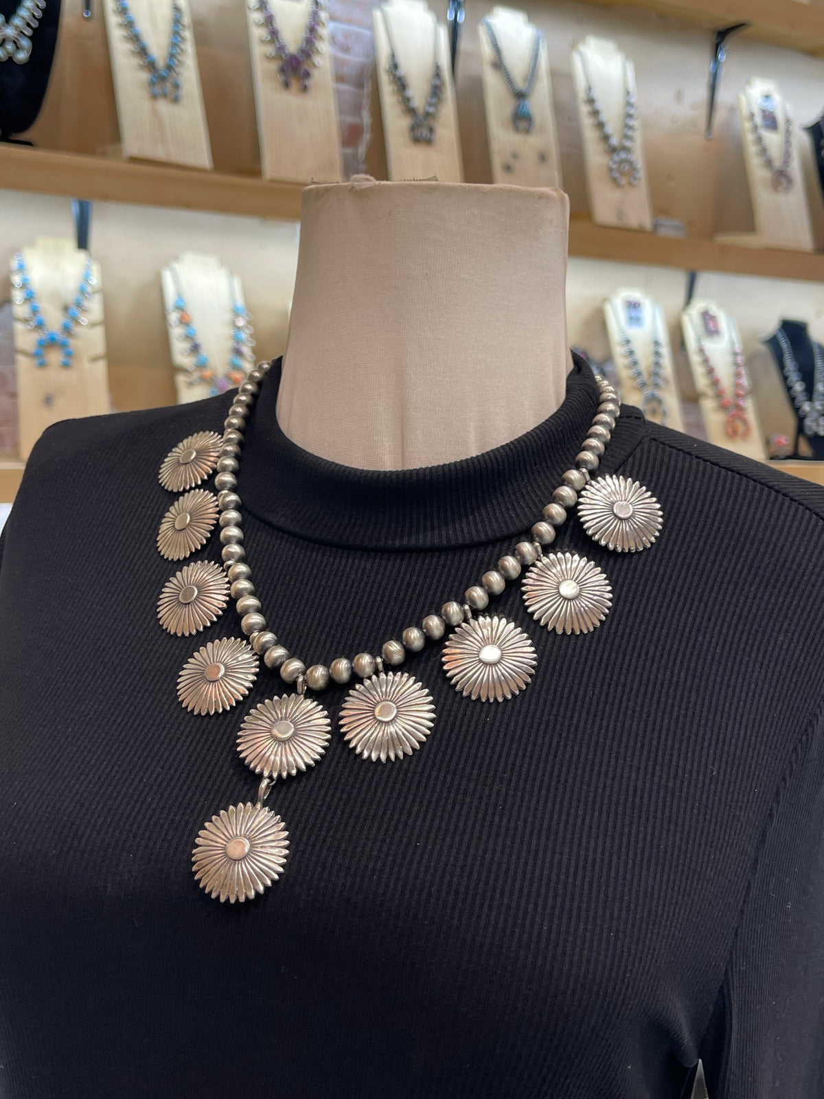 20” 8mm Concho Lariat-Style Necklace with Handmade Navajo Pearls by Rita Largo, Navajo