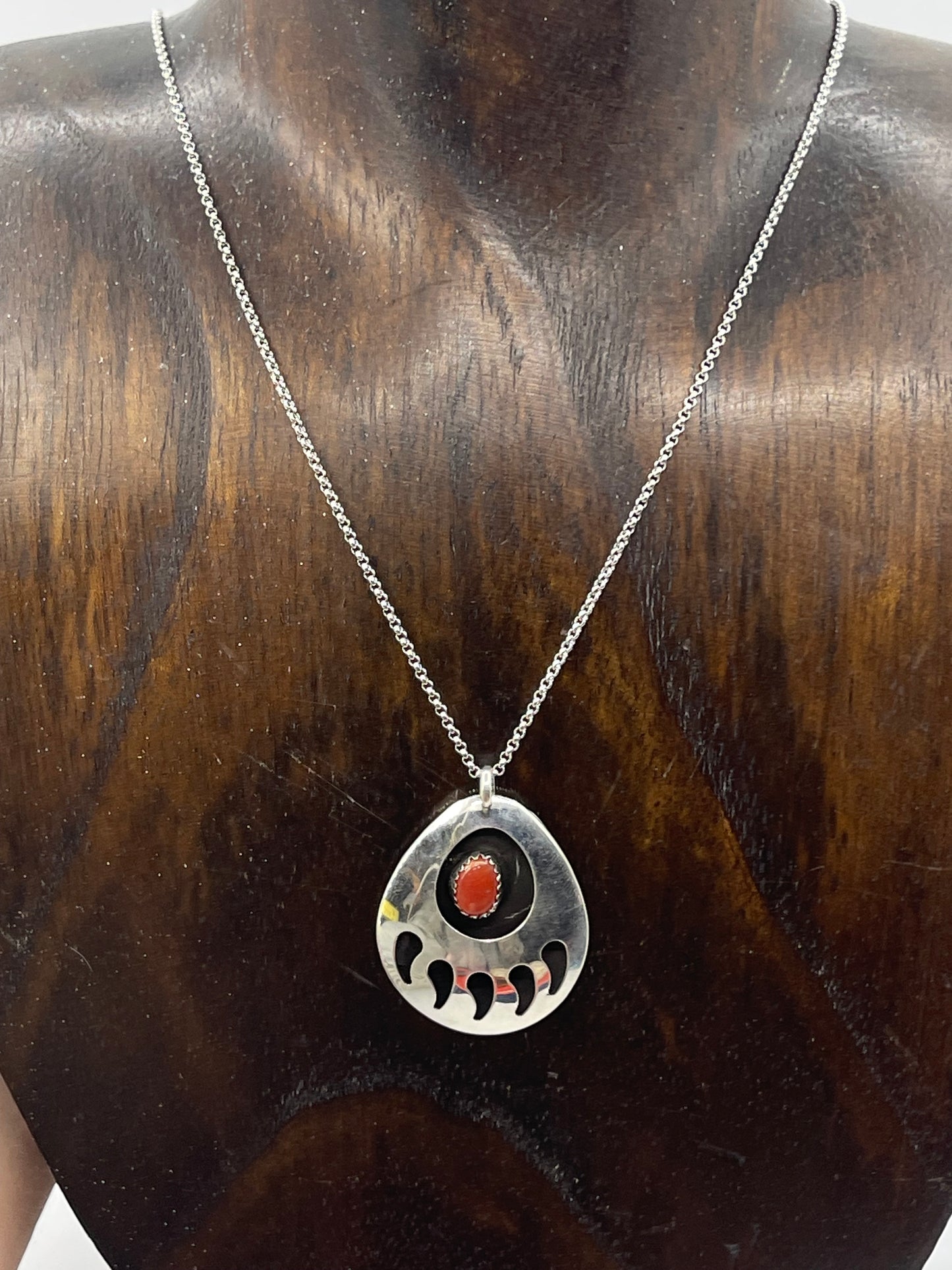 18" Bear Paw Red Coral Shadow Box Pendant Necklace by Virginia Long, Navajo