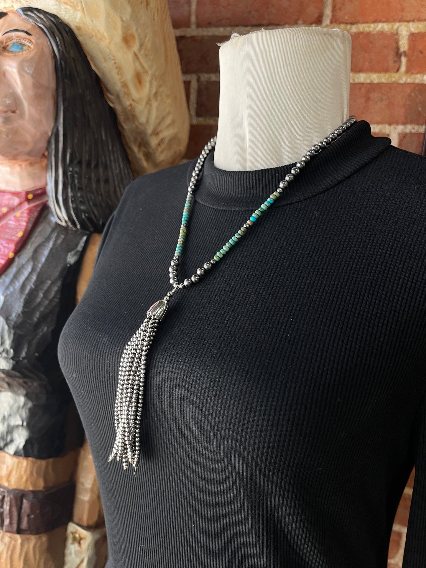 20"+5" 6mm Navajo Pearls and Turquoise Tassel Necklace