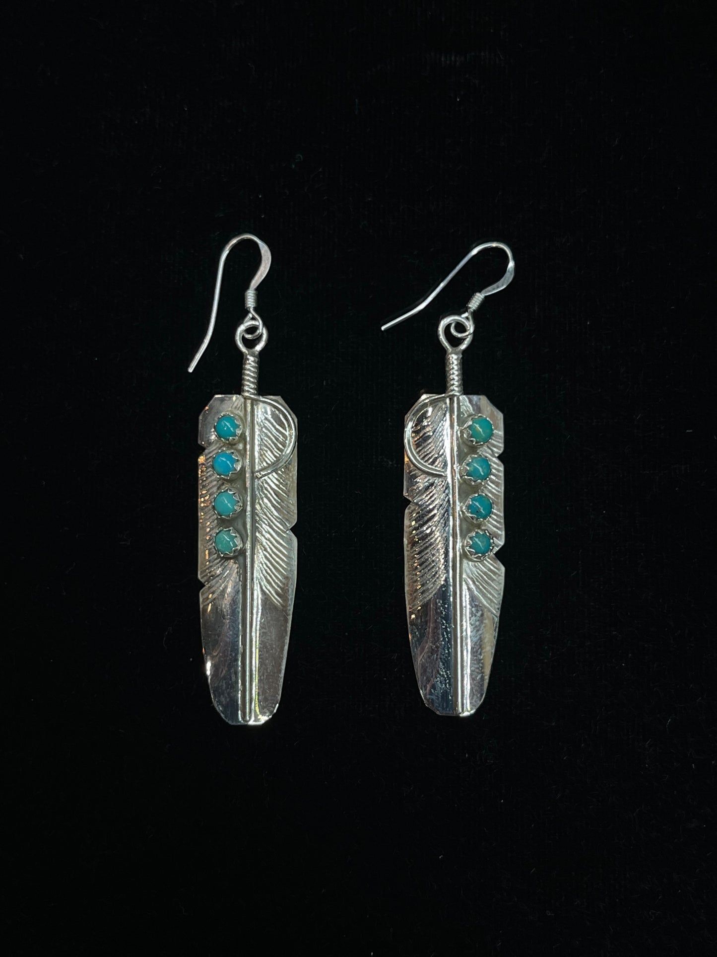 Dangle Feather Earrings with Turquoise Stones by Chester Charlie, Navajo