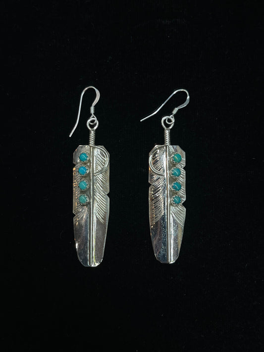 Dangle Feather Earrings with Turquoise Stones by Chester Charlie, Navajo