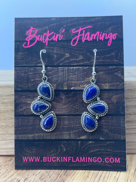 3 Stone Blue Lapis Dangle Earrings