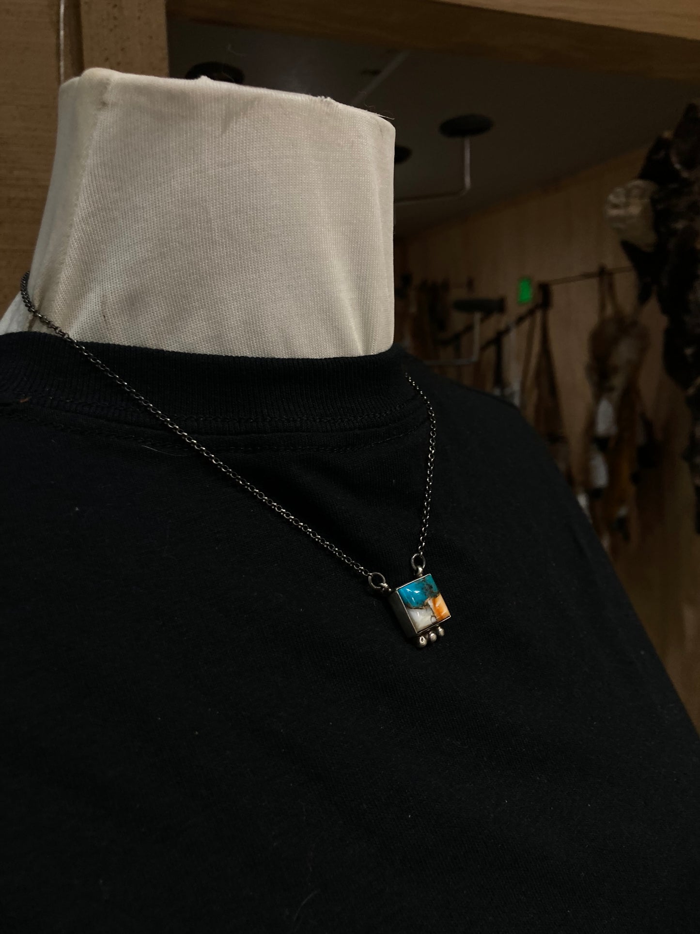 16" Spiny Turquoise Little Square Necklace by Sheryl Kee, Navajo