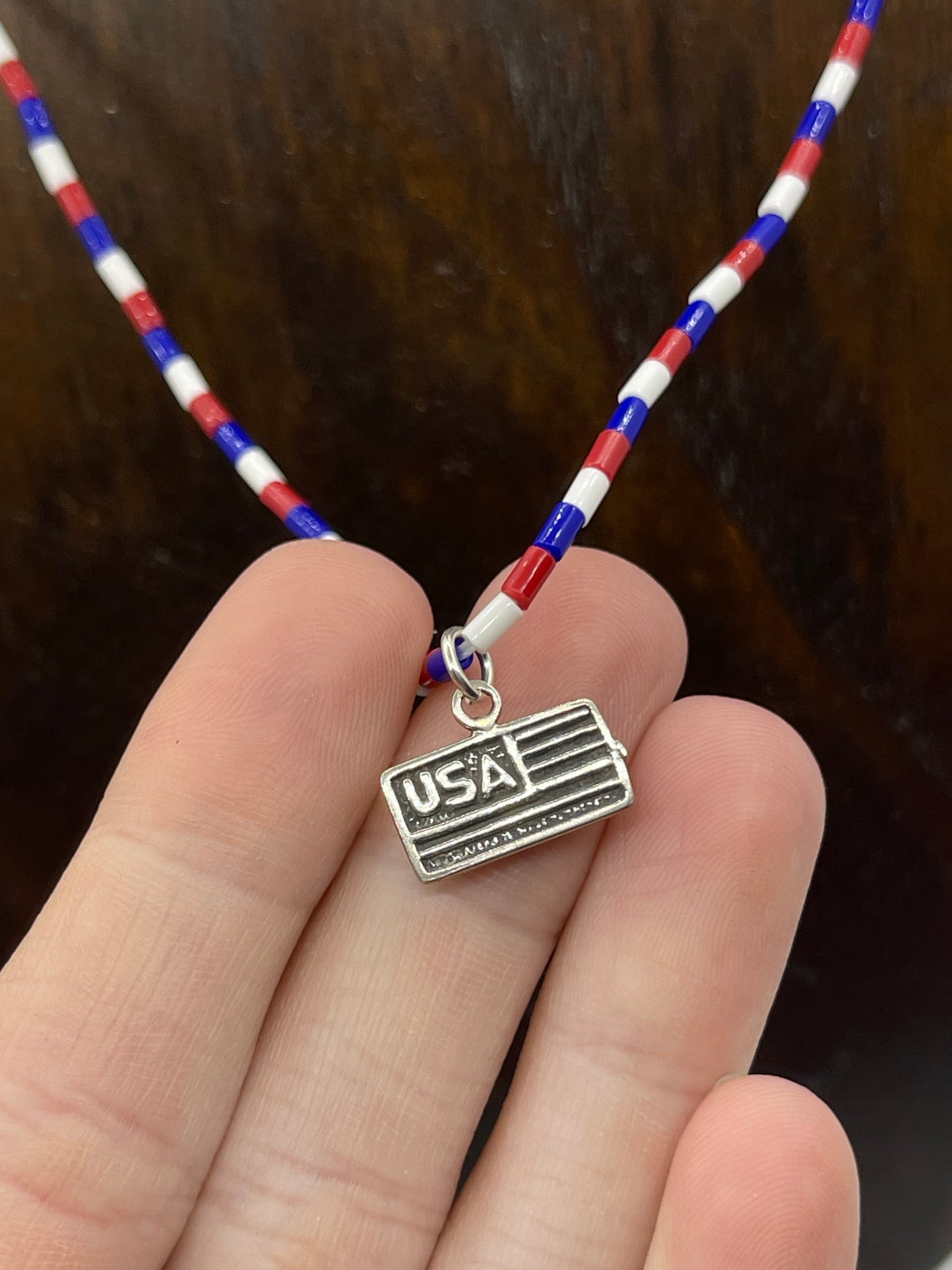 16" Coral, Lapis, and Magnesite Beaded Necklace with Silver American Flag Charm