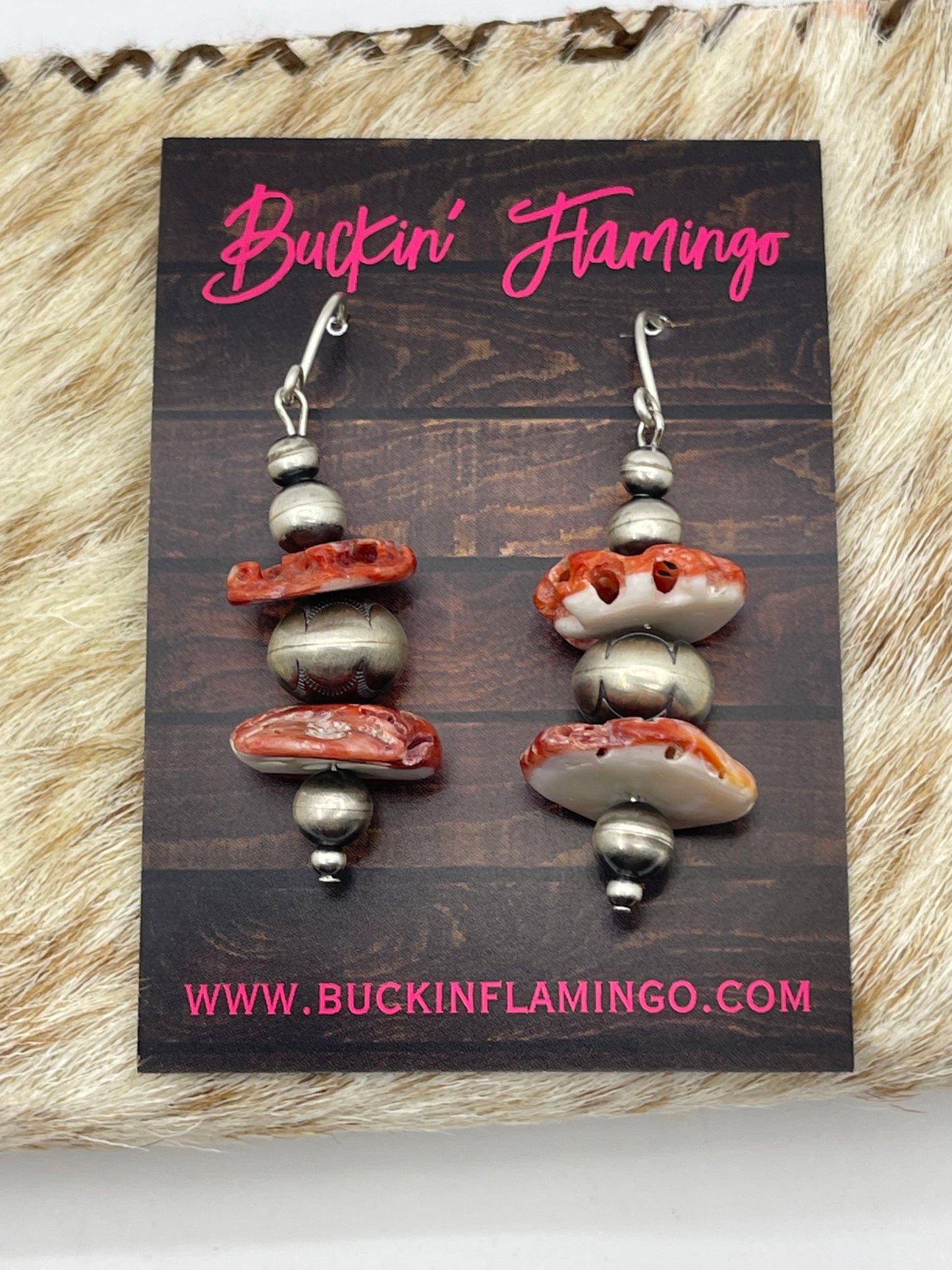 Red/Orange Spiny Oyster Shell and Navajo Pearls Dangle Earrings