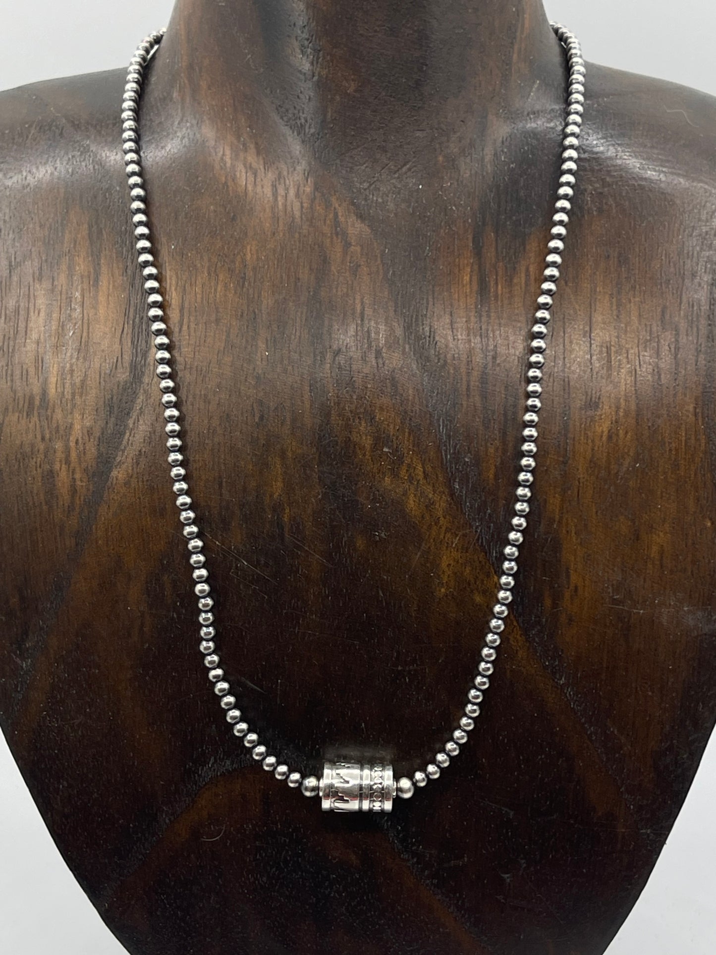 17 1/2" 3mm Navajo Pearls and 9mm Stamped Barrel Bead Necklace
