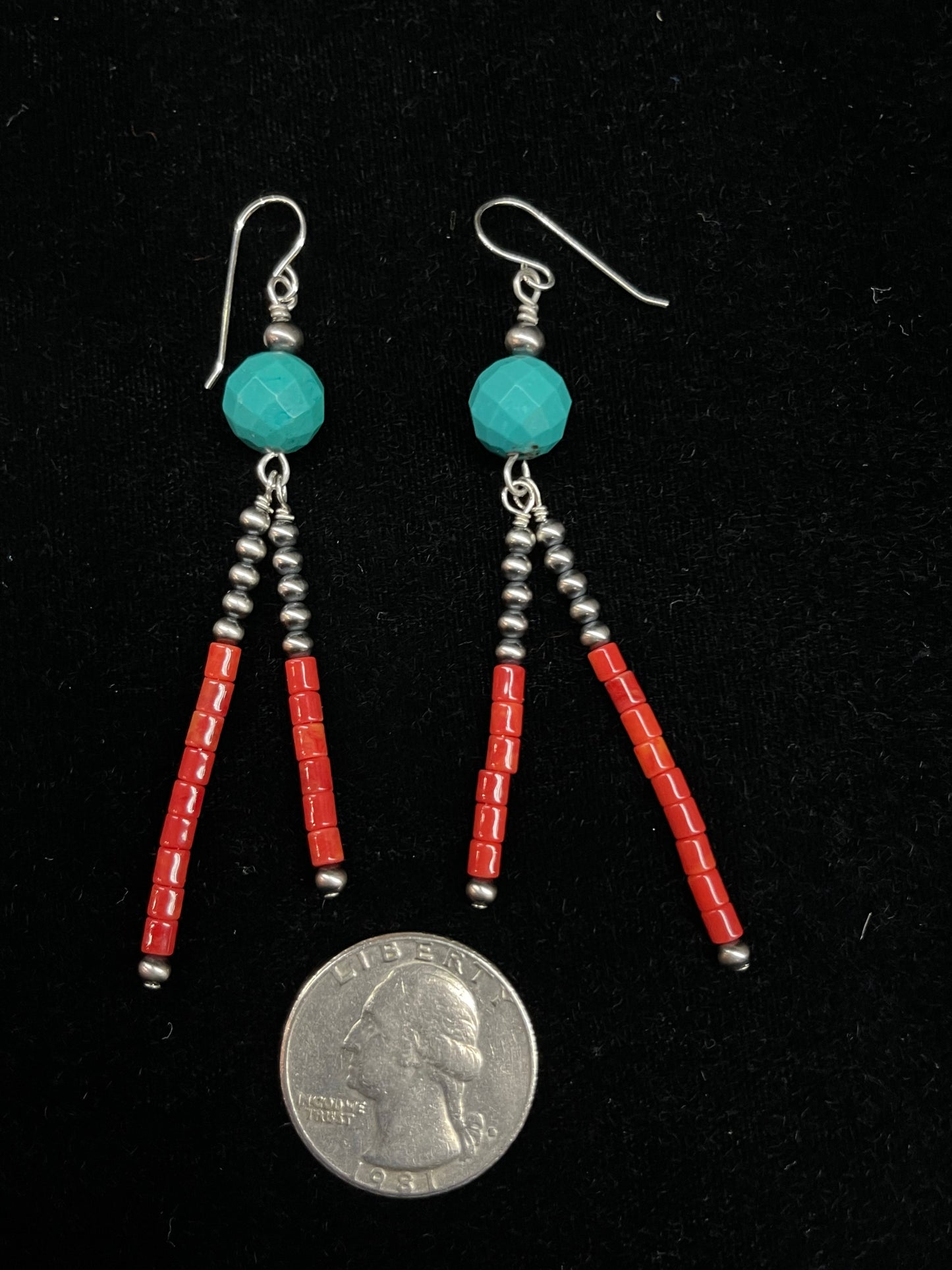 Turquoise, Red Coral, and Navajo Pearl Dangle Earrings