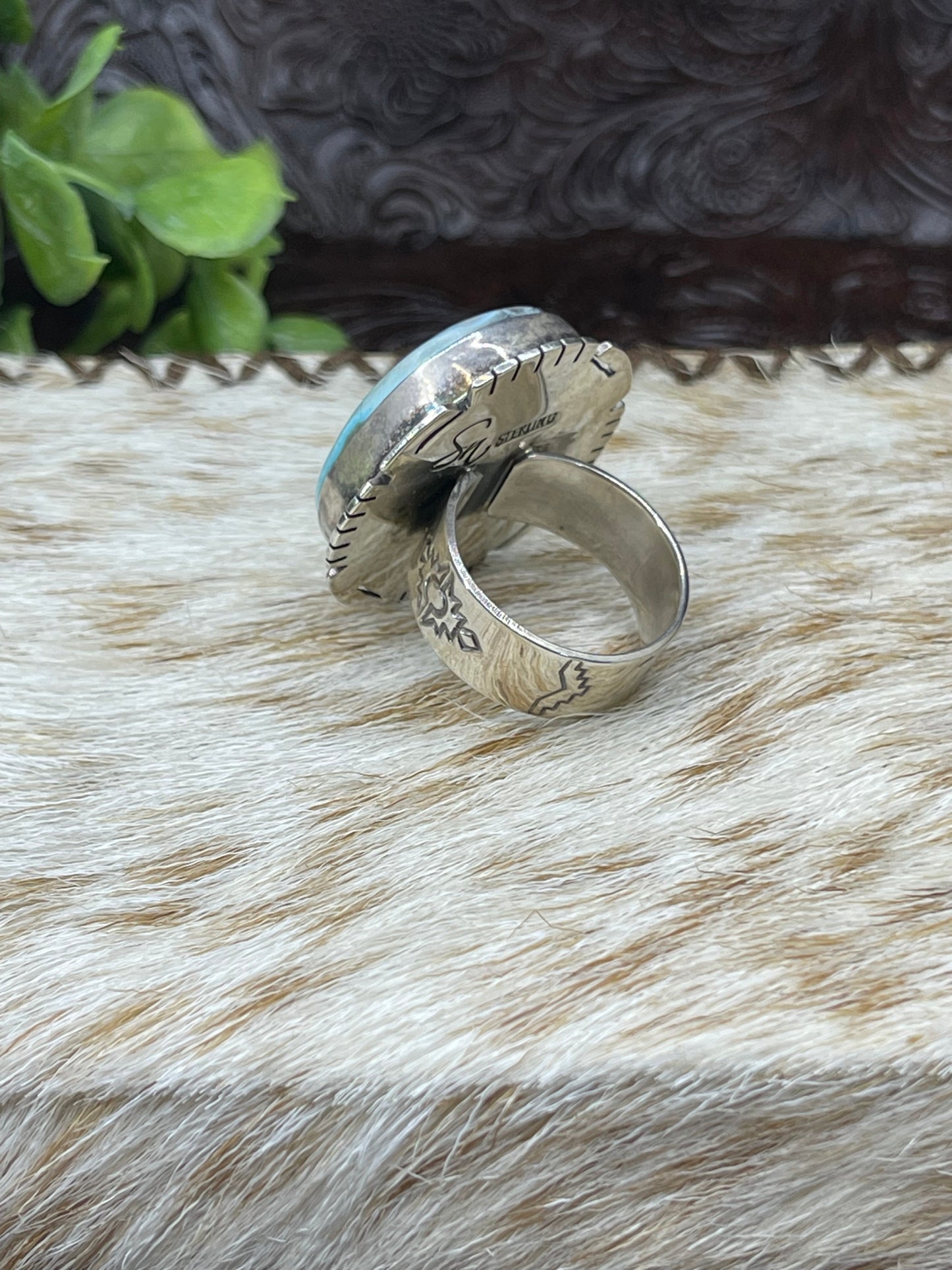 9.5 Golden Hill Turquoise Round Ring by Steven Nez, Navajo