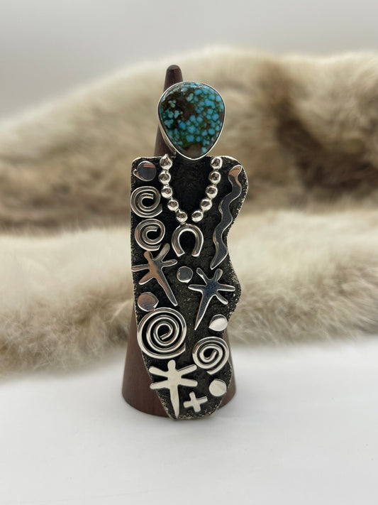 9.0 Kingman Web Turquoise “Grandmother” Petroglyph Ring by Alex Sanchez, Navajo