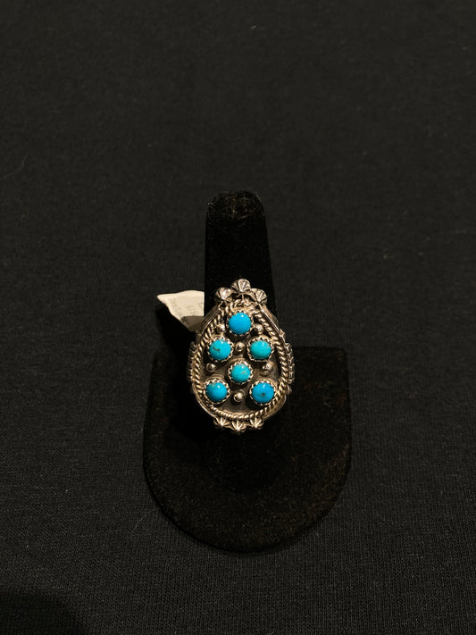 7.0 6 Stone Turquoise Teardrop Ring by Kenny Lonjose, Navajo