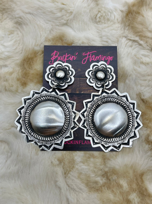 Amazing Stamped Double Concho Earrings by Leander Tahe, Navajo
