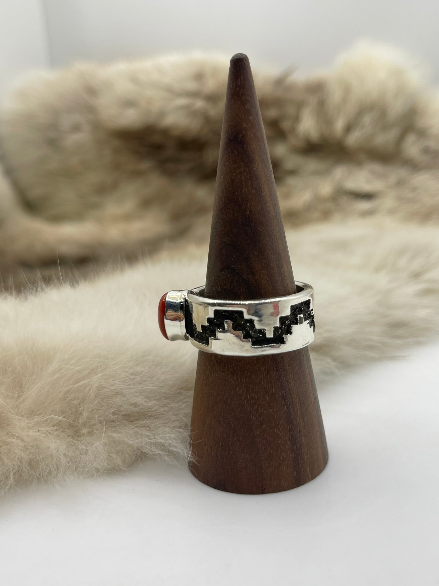 11.0 Red Coral Ring by Marie Jackson, Navajo