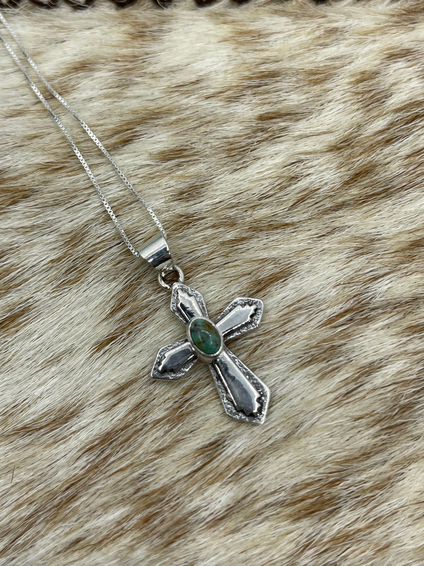 18'' Turquoise Stone Cross Necklace By Runningbear, Navajo