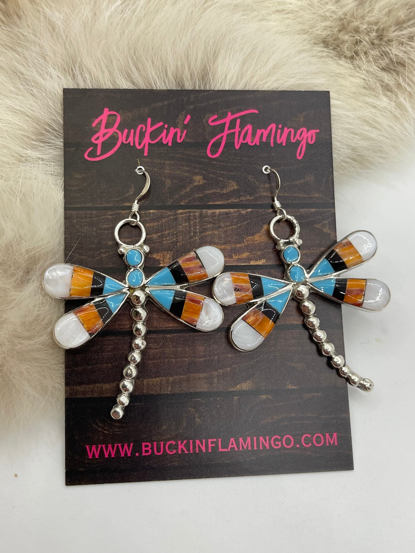 White Mop Dragonfly Inlay Earrings By Angus Ahiyite, Zuni