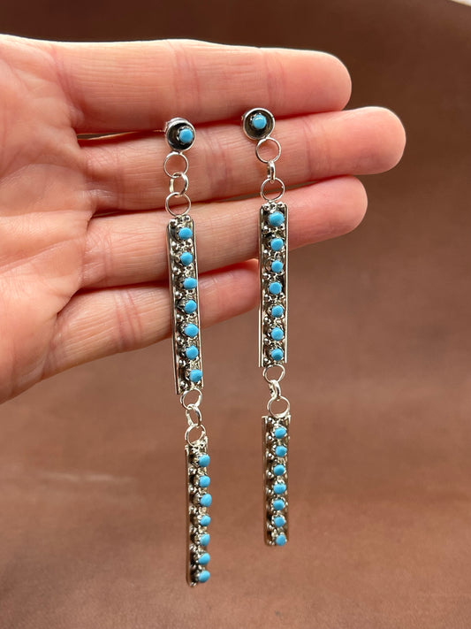 4" Long Turquoise Snake Eye Post Dangle Earrings by Marlon Quam, Zuni
