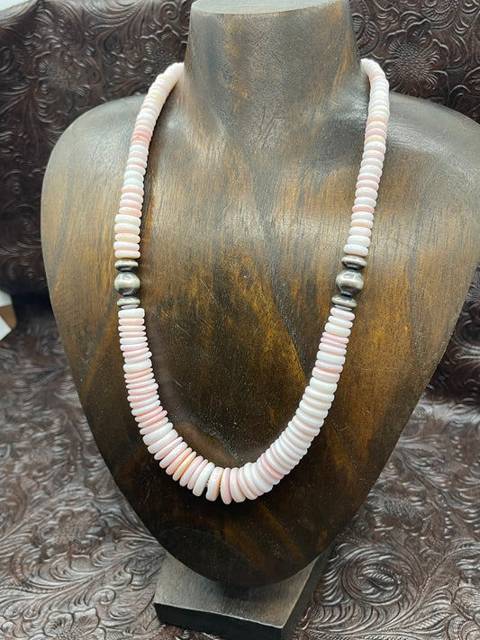 20''+1'' Extender Graduated Pink Conch Shell Necklace With Navajo Pearls