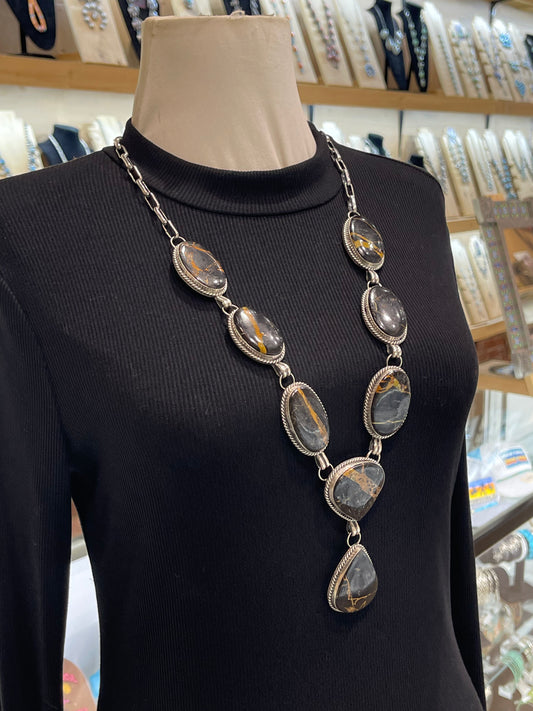 30" Blackjack Turquoise Lariat Necklace by Delbert Secatero, Navajo