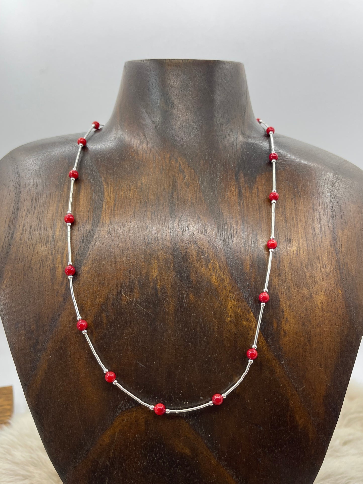 Red Coral 4mm Beads on Liquid Silver 17" Necklace