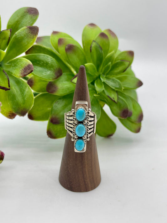 5.5 Sleeping Beauty Turquoise Oval Inlay Ring By Russel Sam Navajo