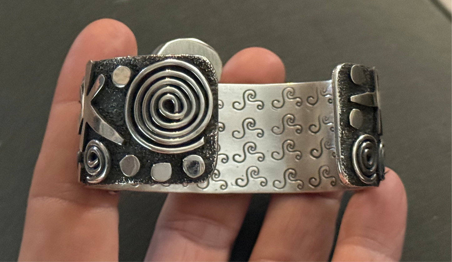 Dragonfly and Spiral Petroglyph Cuff with Sonoran Gold Turquoise by Alex Sanchez, Navajo (medium width)