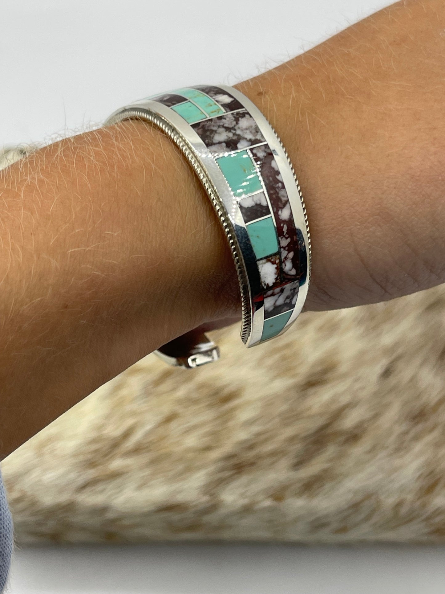 6 1/4" Wild Horse and Turquoise Inlay Cuff by Glendova Booqua, Zuni