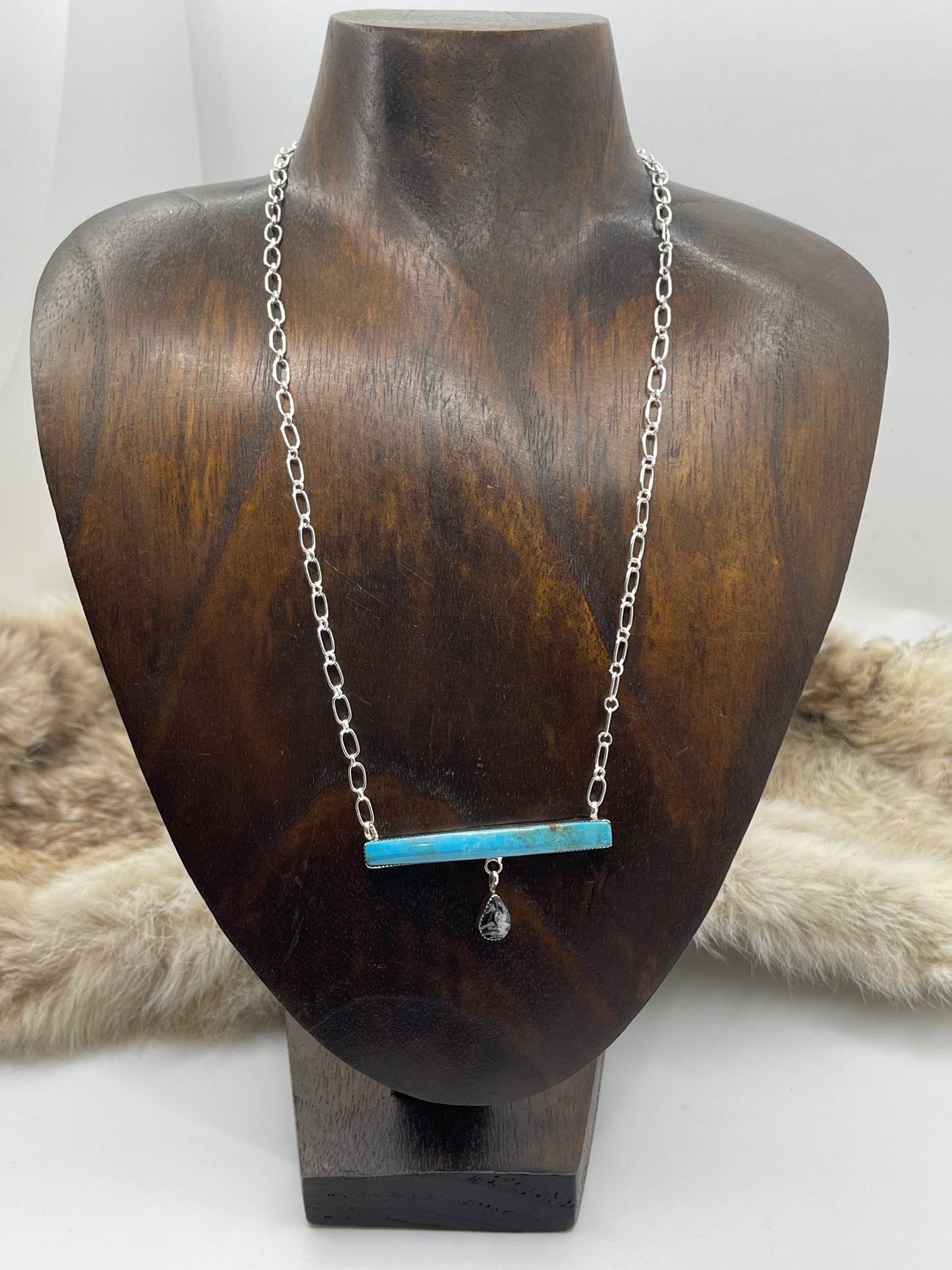 17" Turquoise Bar Necklace with White Buffalo Teardrop by Sheena Jack, Navajo