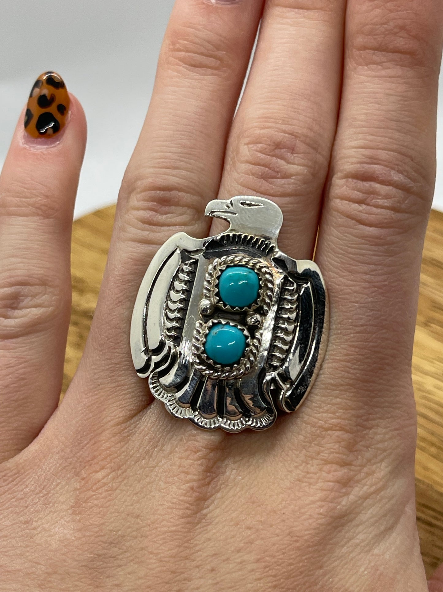 6.5 2 Stone Turquoise Thunderbird Ring by Alice Sanders, Navajo