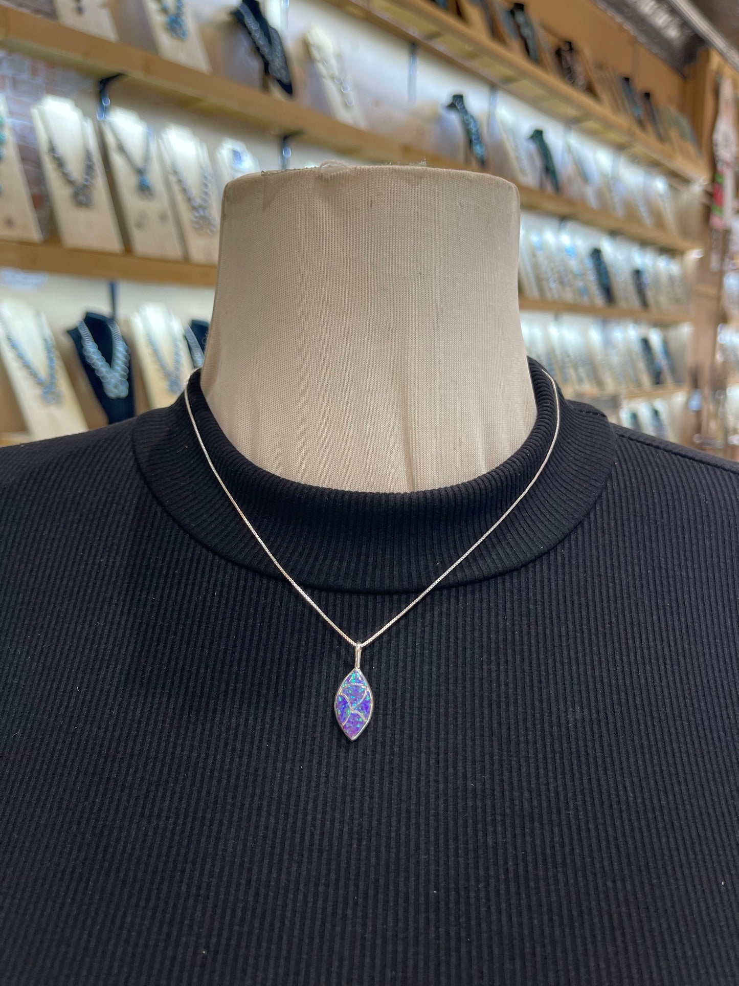 18" Chain with Cats Eye Fish Scale Opal Inlay Pendant by Delorna Lahe, Zuni