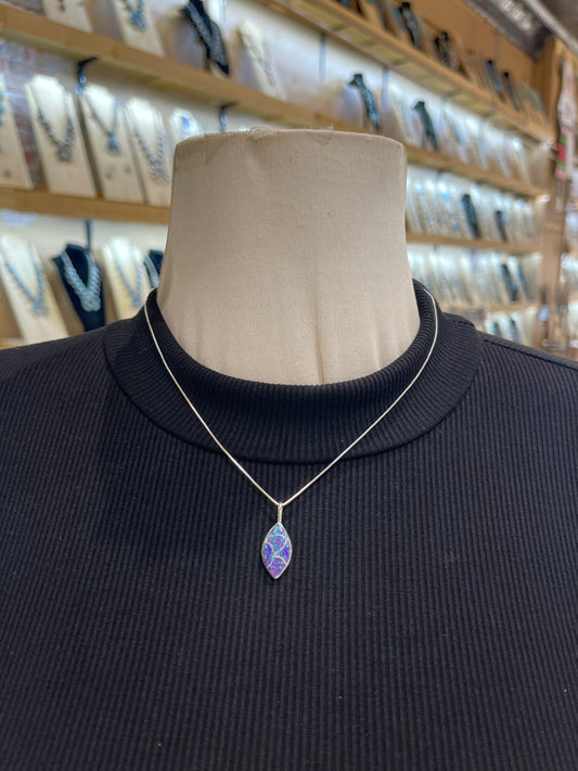18" Chain with Cats Eye Fish Scale Opal Inlay Pendant by Delorna Lahe, Zuni