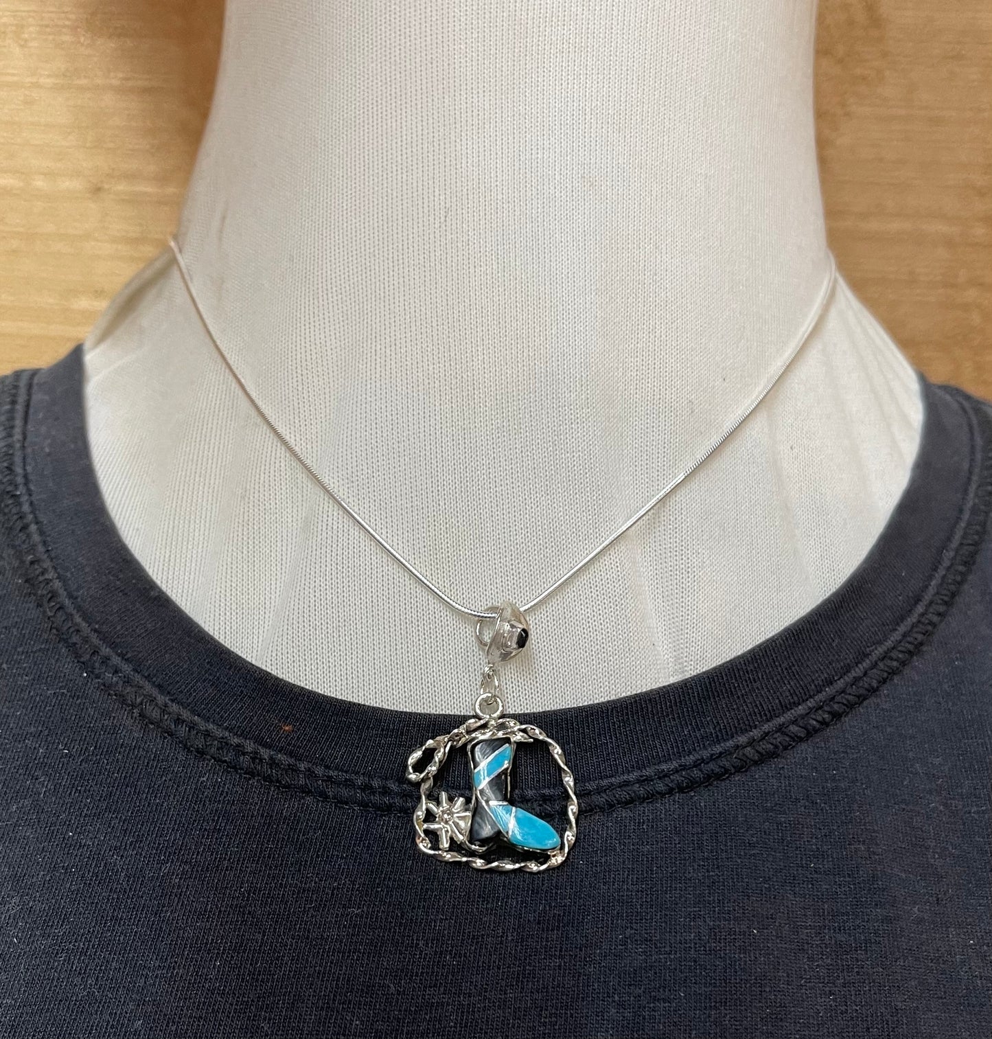 Inlay Boot, Spurs, Rope, and Hat Pendant by Leola Nastacio, Zuni
