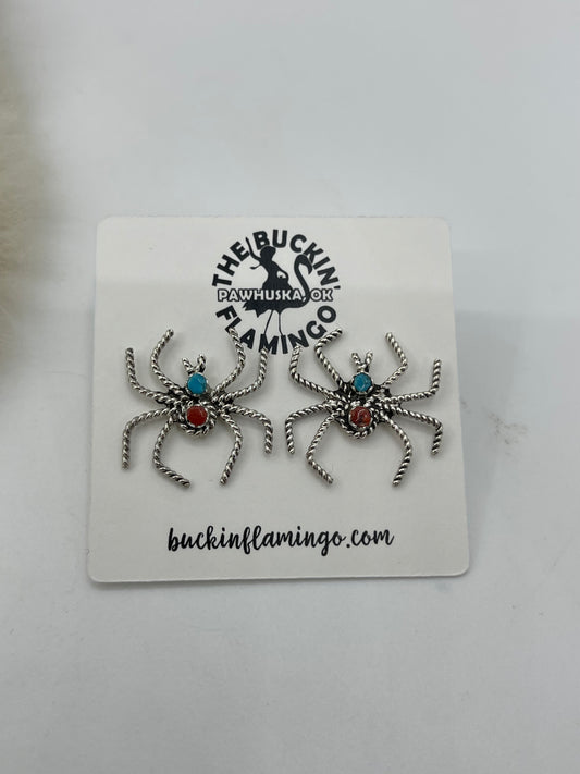 Red Coral & Turquoise Spider Post Earrings by Gilbert Weebothee, Zuni