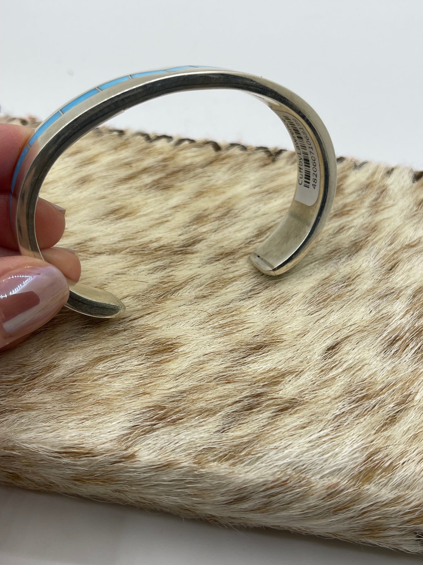 7 1/4" Turquoise Inlay Zig Zag Cuff by Lawrence Loretto, Zuni