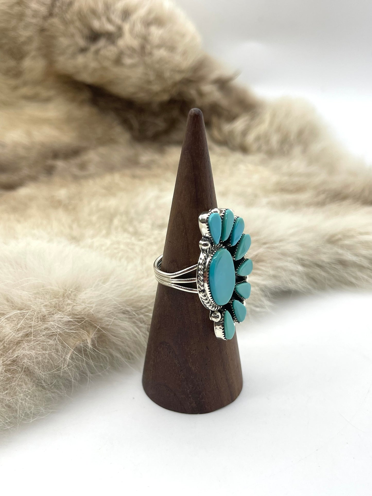 8.0 Half Cluster Turquoise Ring by Jimmy Garcia, Navajo