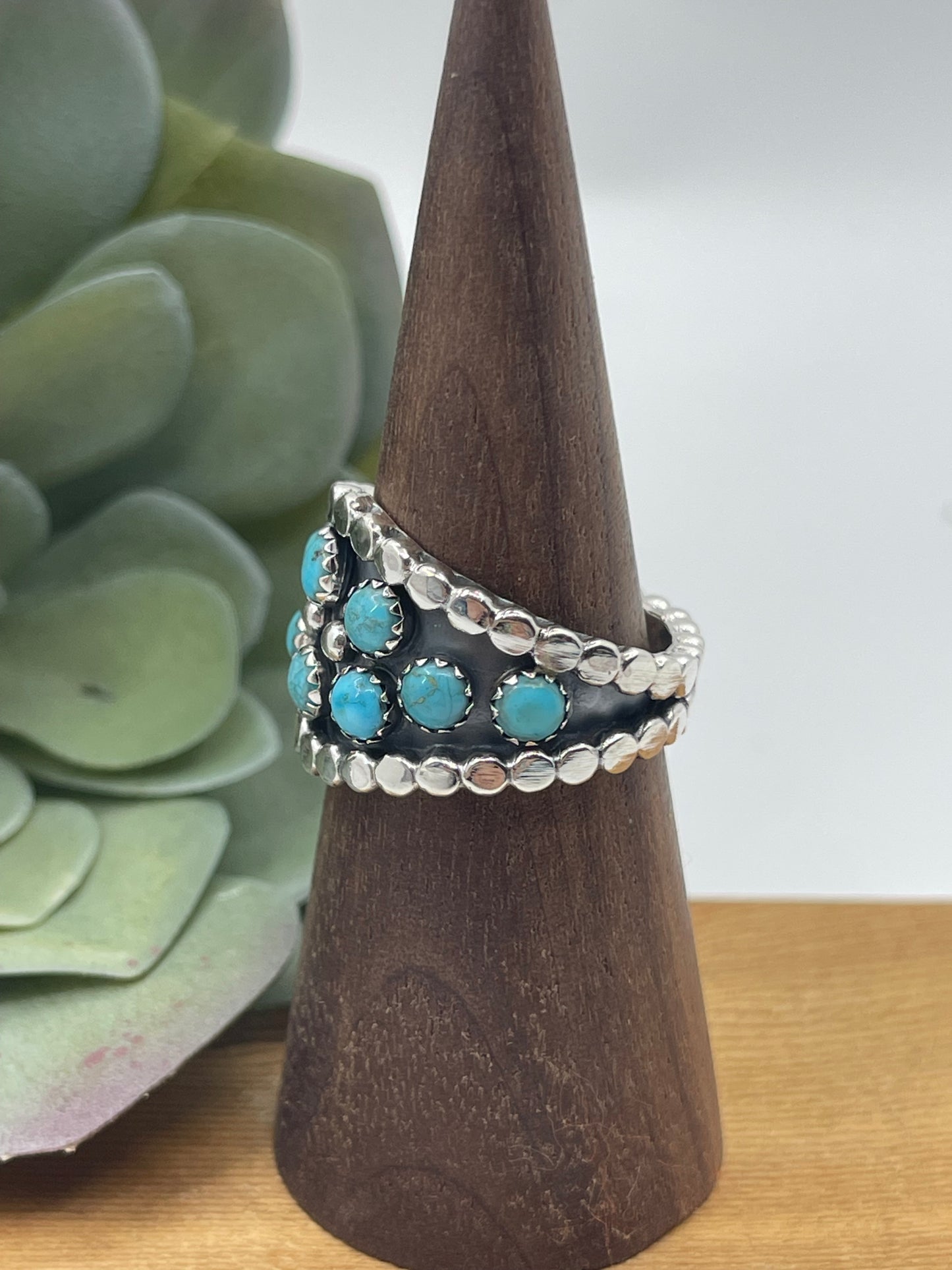 7.5 10 Stone Turquoise Ring by Kenny Lonjose, Navajo