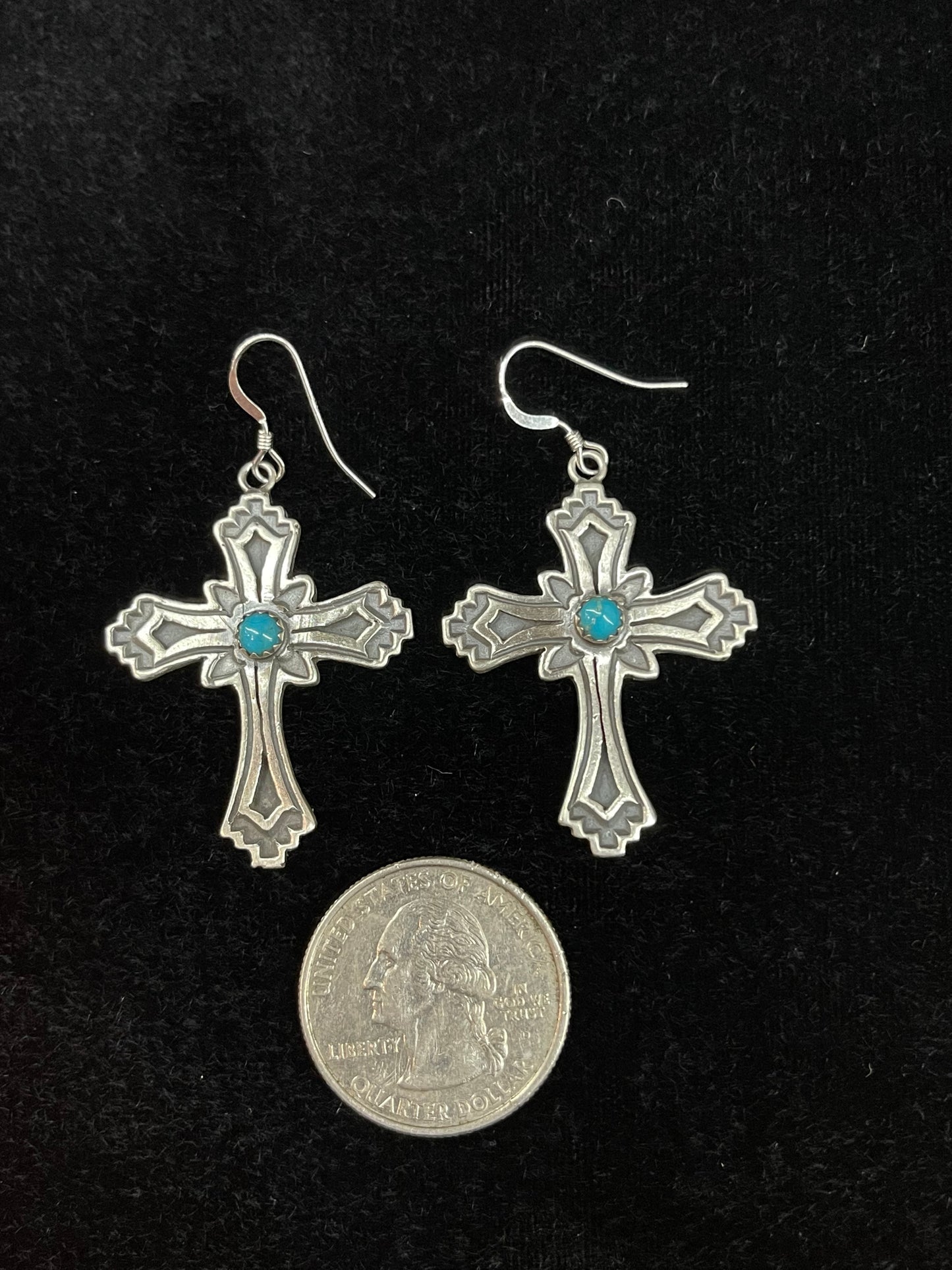 Cross Dangle Earrings with Turquoise Stone by Louise Joe, Navajo