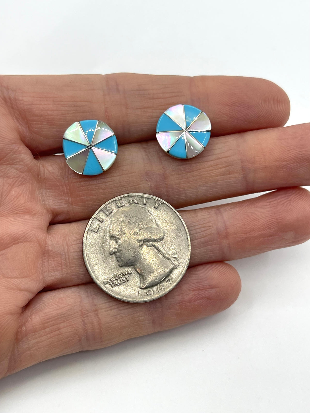 LOT 66 A 9/6 Mother of Pearl and Turquoise Inlay Circle Earrings by Johnson Laweka, Zuni