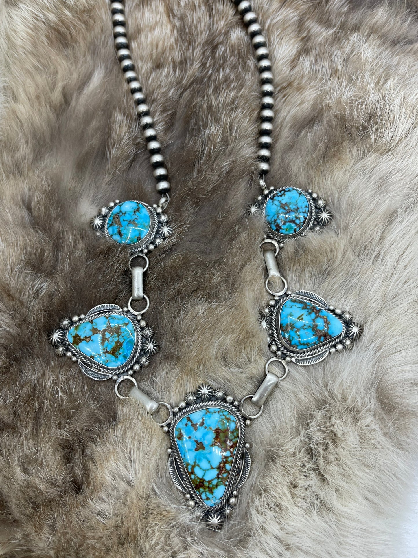 20" 5 Stone Highgrade Kingman Spiderweb Turquoise Necklace by Tom Lewis, Navajo