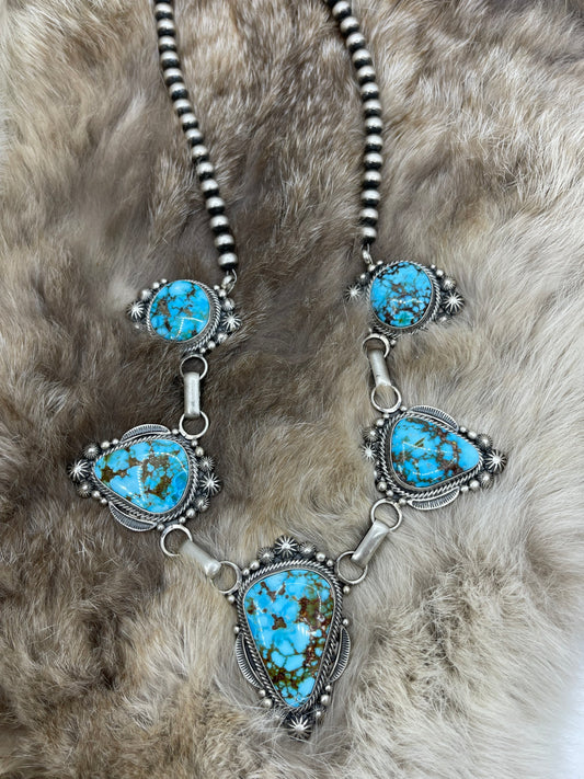20" 5 Stone Highgrade Kingman Spiderweb Turquoise Necklace by Tom Lewis, Navajo