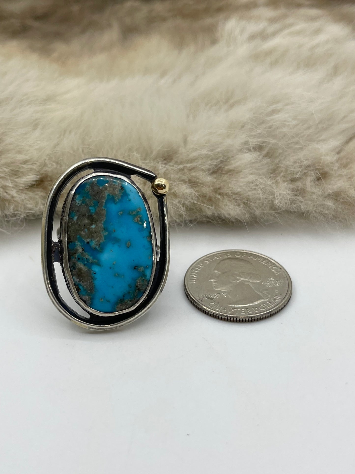 Bad Bronc Adjustable (Up To 10.0) Ring w/ Arizona Turquoise & 14k Gold Ball by Bad Bronc