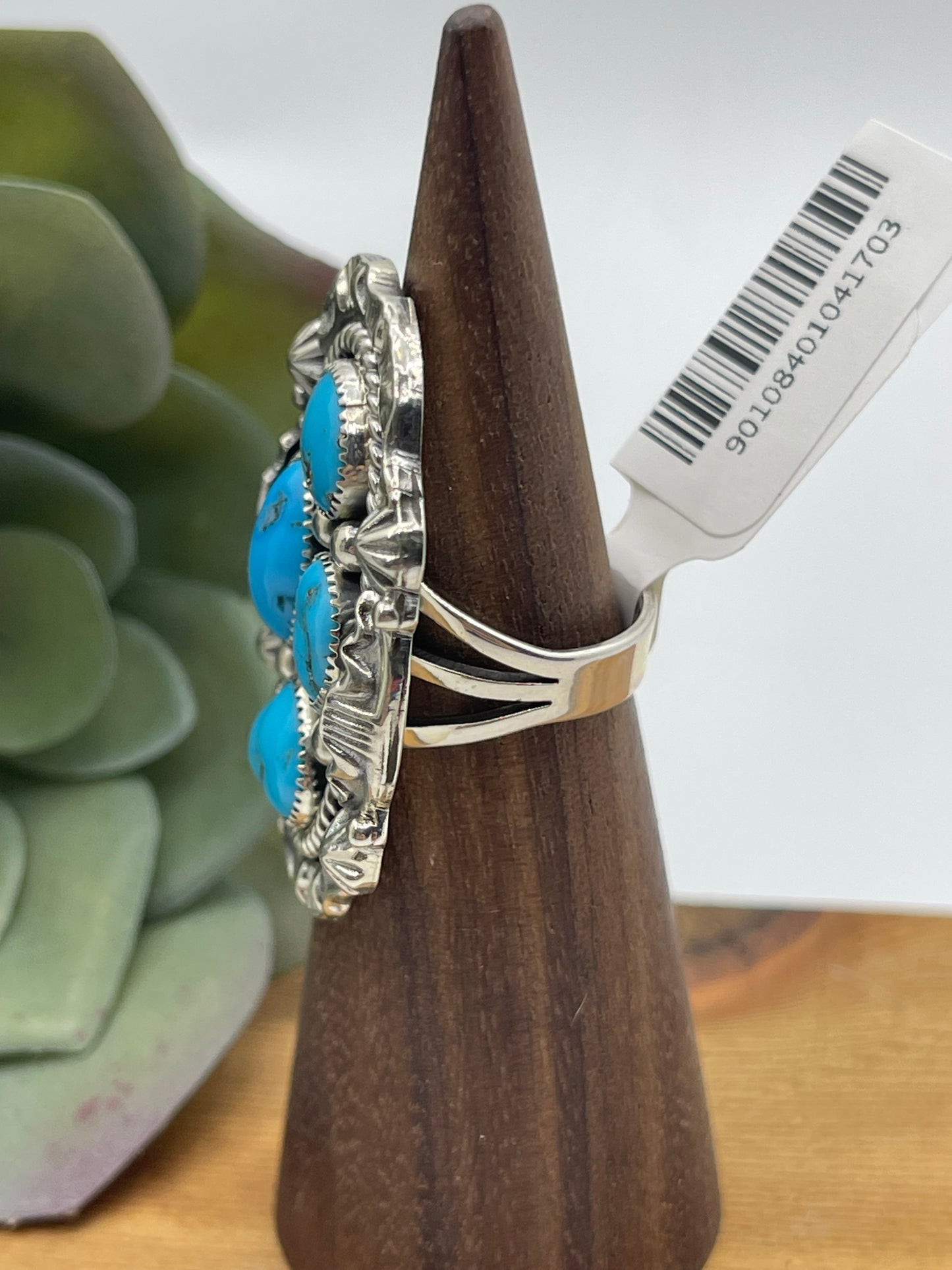 5.5 4 Stone Kingman Turquoise Cluster Ring by Harold Becenti, Navajo