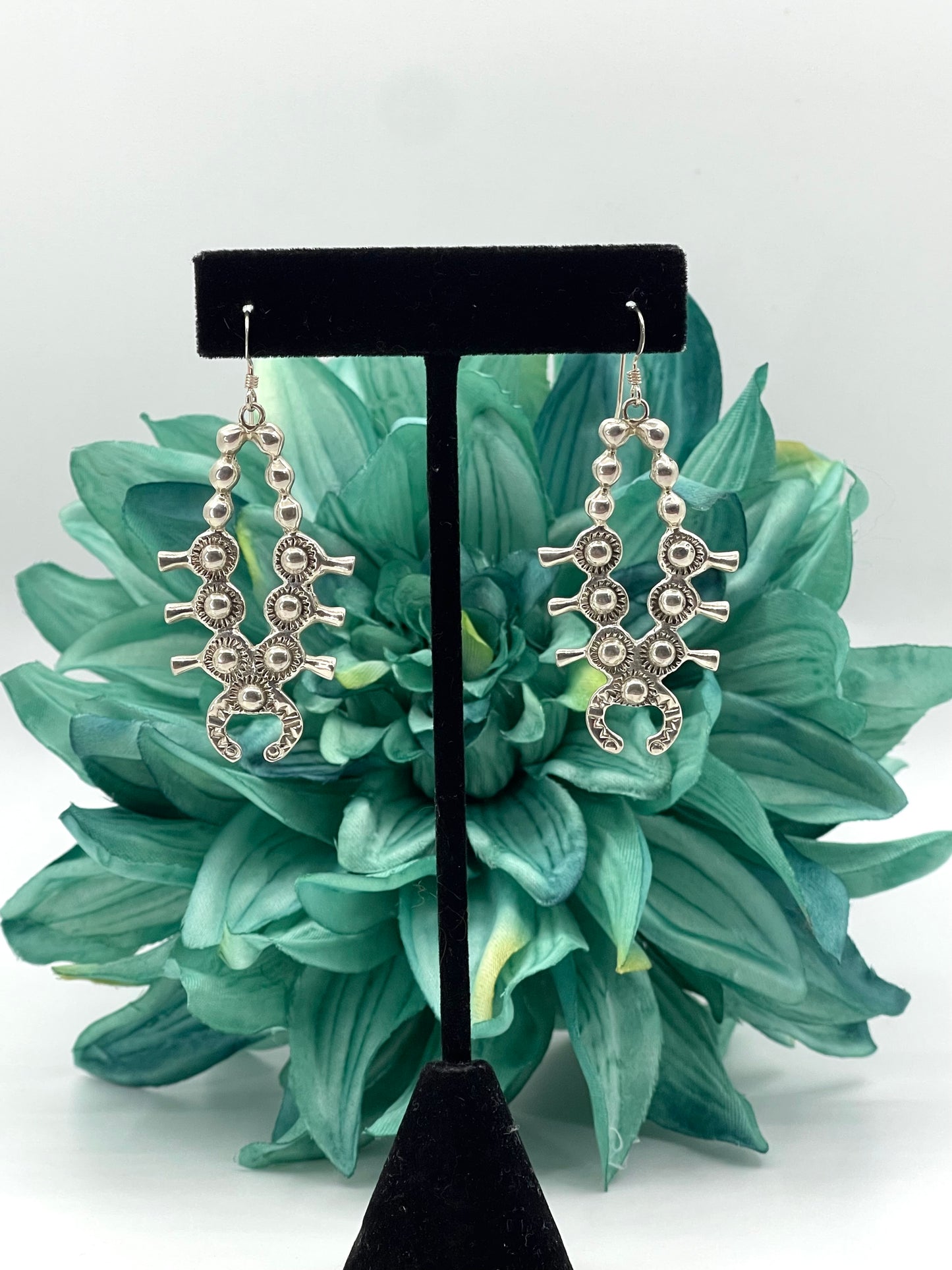 Sterling Silver Squash Blossom Dangle Hook Earrings by Alfred Martinez, Navajo