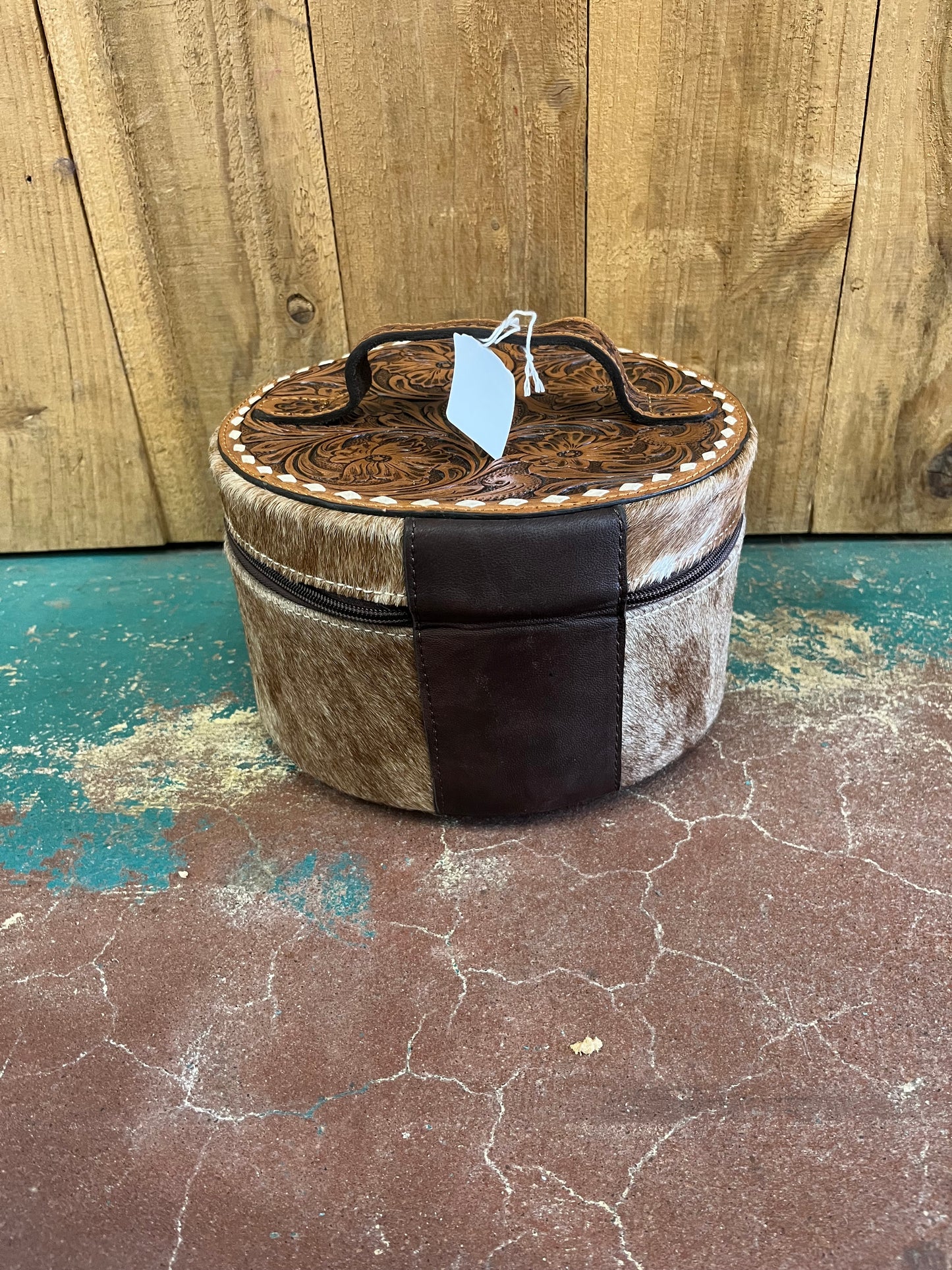 BAG 4 11/2 LOT Single Stacked Round Leather Tooled Jewelry Box